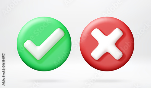 Green check mark and red cross sign for check list. 3D icon set of right and wrong choice. Confirm and cancel button for web interface, survey form and decision making technology concept.