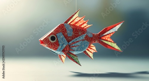 Colorful origami fish decoration suspended mid air studio lighting