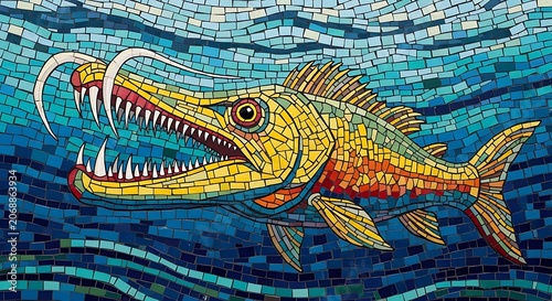 Colorful mosaic fish with sharp teeth swims in blue wavy water