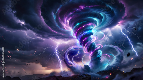 Mystical Blue Purple Tornado with Lightning and Energy Storm on Dark Rocky Terrain
