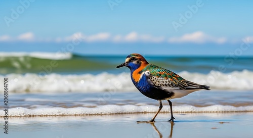 Colorful shorebird walking on wet sand near ocean waves with blue sky