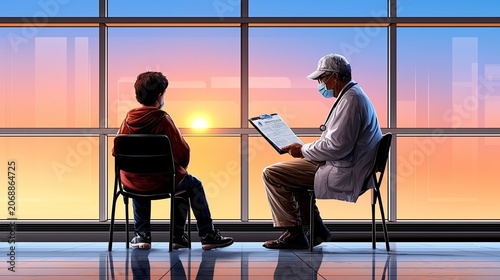 Doctor consulting young boy silhouette in front of hospital sunset window