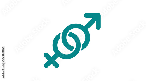 Teal interlocked male and female gender symbols with arrows on white background.