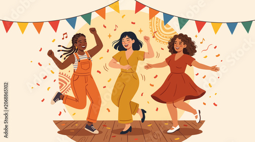 Three happy diverse women dancing together at a colorful festive party.