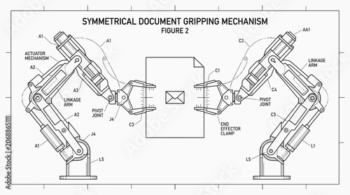 Technical blueprint diagram of a symmetrical robotic gripping mechanism.