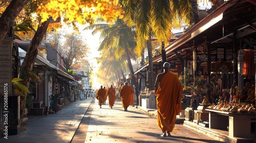 Buddhist Monks Walking on Street at Sunrise in Thailand