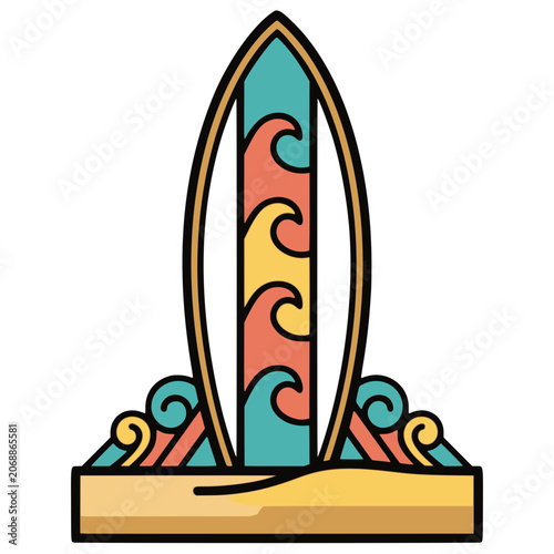 Photography Retro colorful surfboard with wave graphics standing in sand