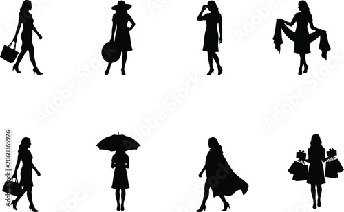 Bild auf Leinwand Elegant Women Fashion Silhouette Set with Shopping Walking Accessories Umbrella