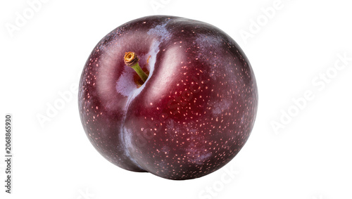Ripe dark red plum with small white dots and stem