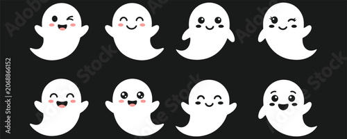 Bild auf Leinwand Cute Halloween Ghost Vector Illustration Set with Kawaii Facial Expressions