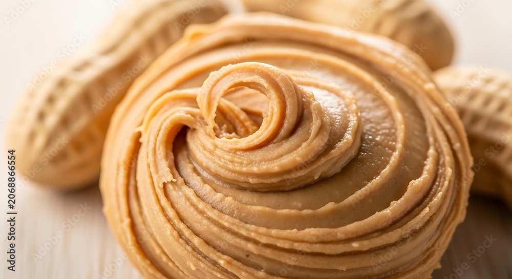 Fototapeta premium Creamy peanut butter swirl with unpeeled peanuts macro shot