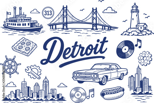 Cuadro en lienzo Detroit Travel Vector Set with Skyline, Classic Car, Bridge, Riverboat, Lighthou