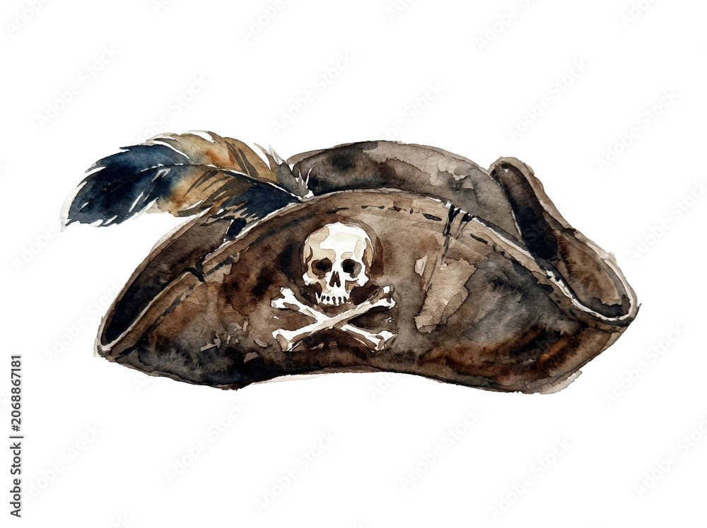 Obraz premium Detailed watercolor painting of a classic brown pirate hat featuring a prominent white skull and crossbones emblem with a vibrant red feather accent presented as a high resolution isolated on transpar