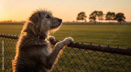 Dog looking out over field at sunset golden hour