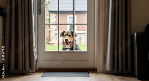 Dog waiting at glass door looking inside home outdoors view