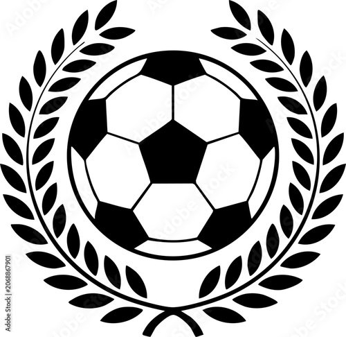 Black and white soccer ball icon with a circular laurel wreath frame