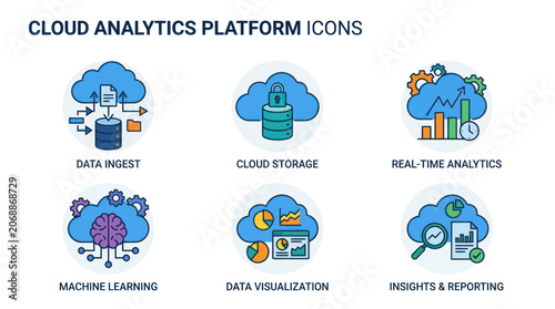Картината върху платно Cloud Analytics Platform Icons: Data Ingest, Storage, ML, Visualization
