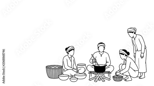 Traditional communal cooking scene in a minimalist black and white line art illustration.