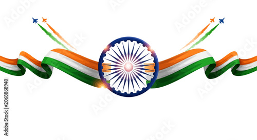 Cuadro en lienzo Indian flag tricolor ribbon with Ashoka Chakra, patriotic saffron white and gree