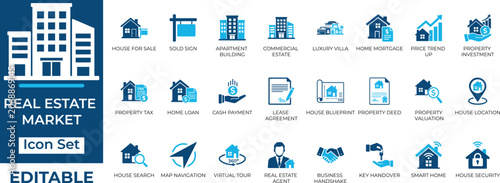 Editable real estate market flat vector icon set. Includes property investment, mortgage, home search, and building symbols.