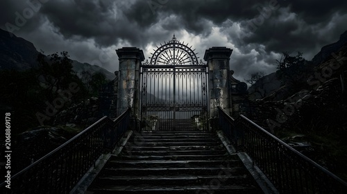 Old stone staircase leading to a large ornate metal gate in a dark landscape