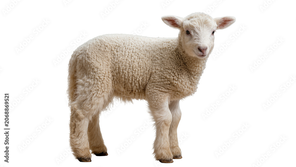 Fototapeta premium Young white lamb standing on white