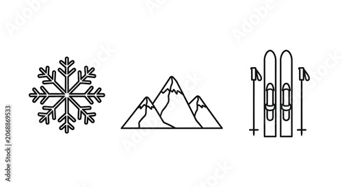 Canvas Print Snowflake mountain range and skis line icons on a white background