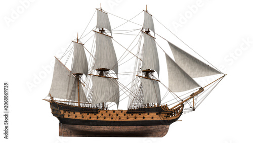 Obraz na plátne Wooden sailing ship with white sails and rigging