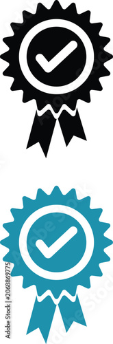 Check mark badges, black and blue ribbons