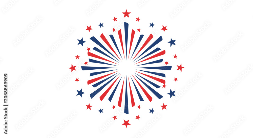 Obraz premium Patriotic firework burst vector, red white and blue starburst explosion, American fourth of July celebration graphic on white background