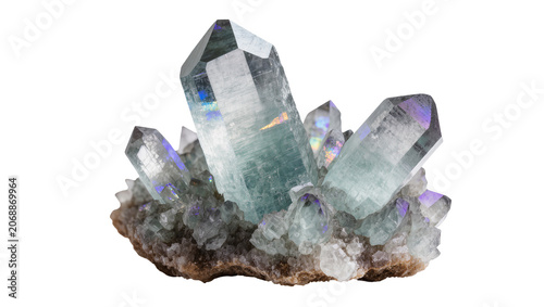 Foto Cluster of clear aquamarine crystals with rainbow iridescence on matrix