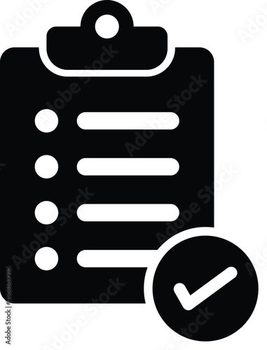 Black clipboard icon with checklist and checkmark
