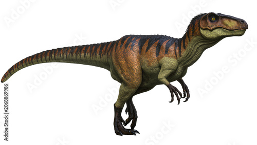 Tablou pe pânză Allosaurus dinosaur with orange stripes and yellow eyes