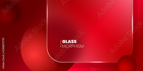 Quadro su tela Banner with glass morphism effects with a matte translucent panel and spheres hovering against a red background