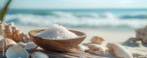 A wooden bowl filled with sea salt surrounded by seashells and driftwood on a sunny beach.