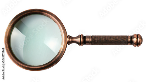 Antique magnifying glass with bronze frame and textured handle