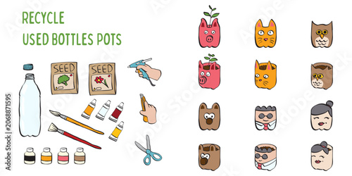 Eco-friendly recycling activity set showing plastic bottles transformed into creative animal planters. Great visual asset for sustainable living articles, upcycling workshops, and children's crafts.