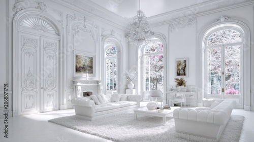 Ornate monochrome interior space features luxurious seating arrangement beneath a crystal chandelier and large arched windows.