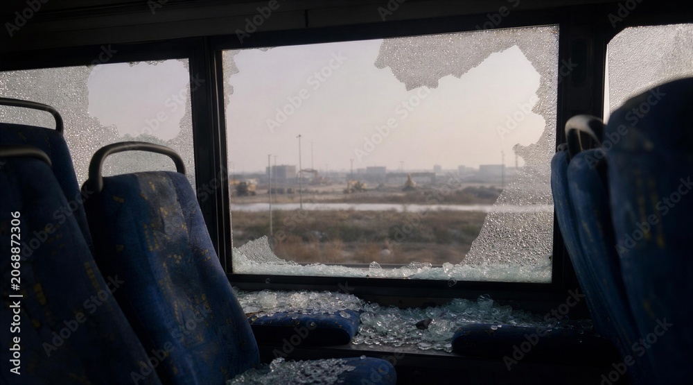 Obraz premium Broken Windows Inside Abandoned Bus Overlooking Industrial Site