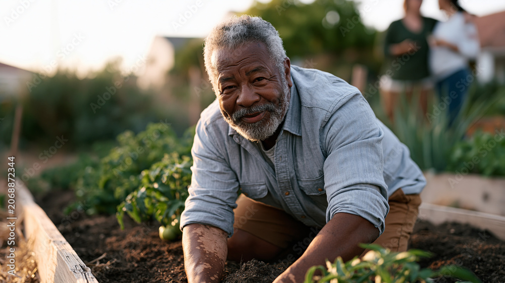 Fototapeta premium Elderly man with vitiligo gardening in a sunlit community plot, bare forearms showing skin variation proudly, kneeling beside tomato beds, neighbors chatting nearby, body