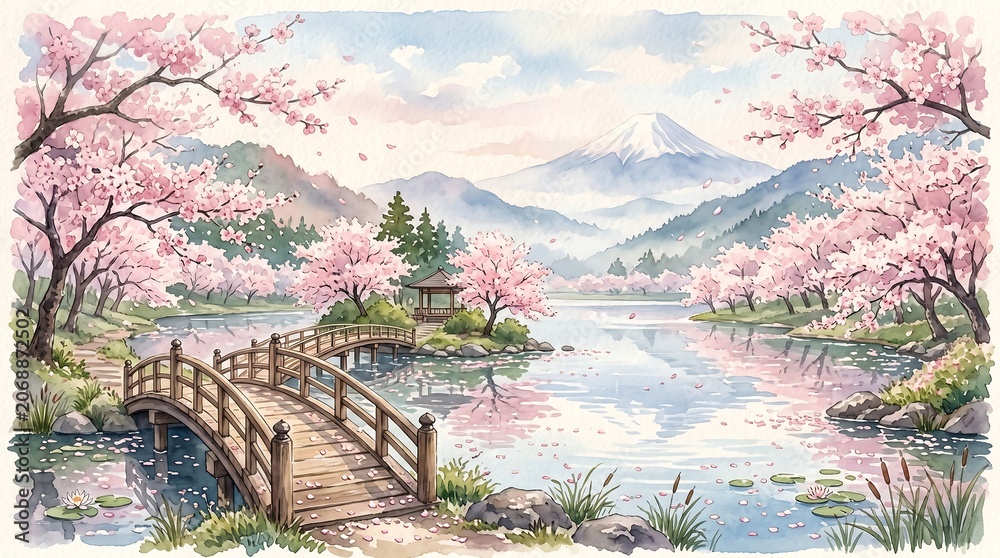 Fototapeta premium A serene watercolor painting of a Japanese landscape with pink cherry blossom trees, a wooden bridge over a calm lake, and distant mountains.