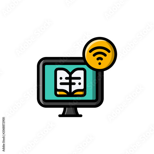 read online, Digital reading outline colored icon and illustration