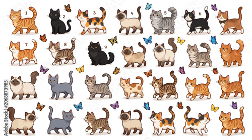 Various breeds of cartoon cats playing with colorful butterflies.