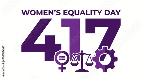 Typographic design for Women's Equality Day with scales and cogwheel icons.