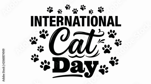Typographic International Cat Day design with paw prints on a white background.