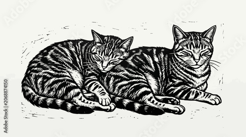 Two tabby cats lying together in a detailed linocut style illustration.