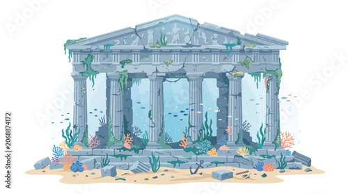 Underwater ancient Greek temple ruins with marble columns and coral reef.