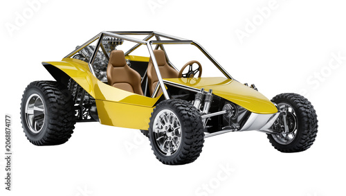 Yellow dune buggy with exposed engine and tan seats