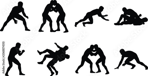 Wrestling Silhouette Collection Set with Grappling Takedown and Combat Sports Poses