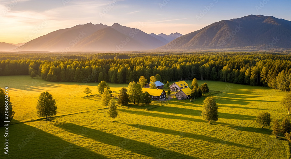 Fototapeta premium Golden hour sunlight illuminates a rural homestead nestled amidst a forest and mountains, symbolizing tranquility and idyllic country living